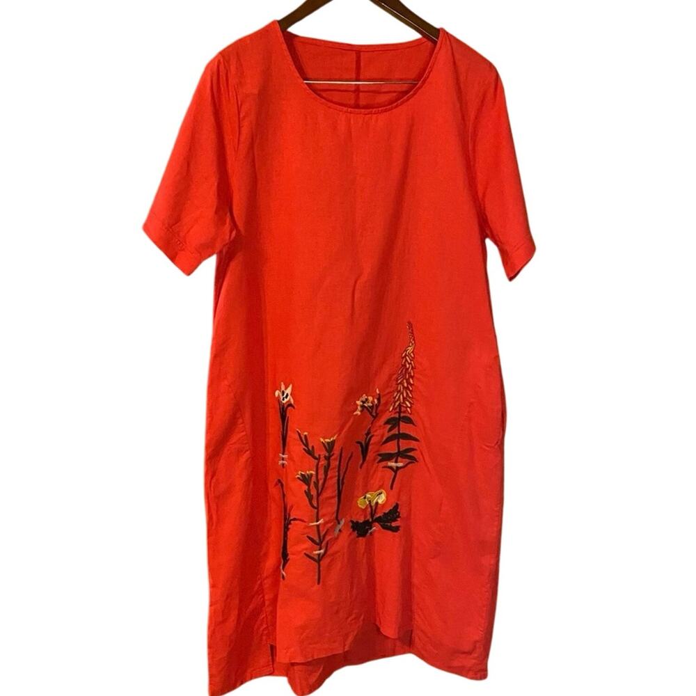 Yesno Red Floral Embroidered Dress 100% cotton linen botanical midi Large